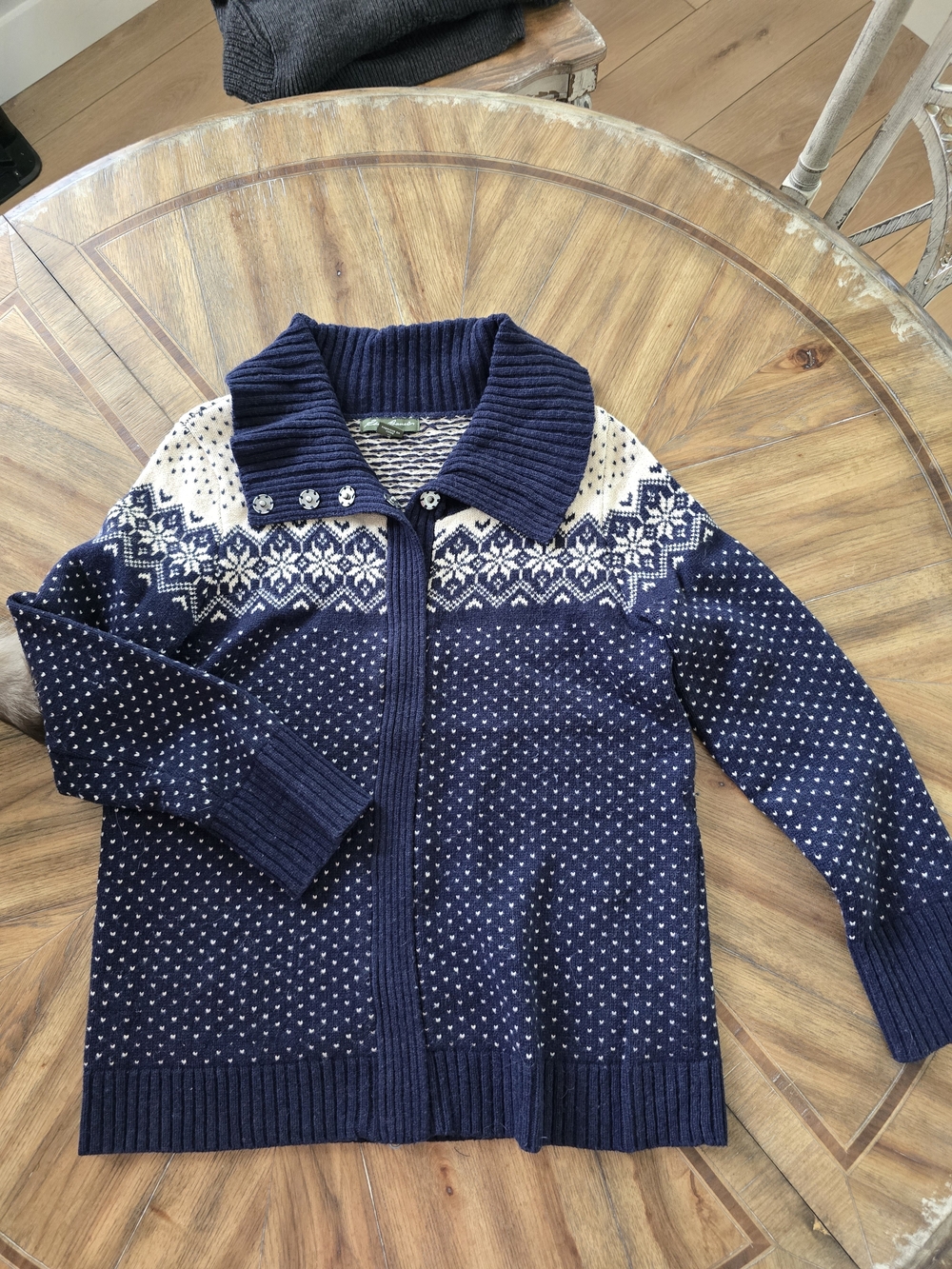 Eddie Bauer Women's Navy Fair Isle Zip Cardigan Sweater, Size XL